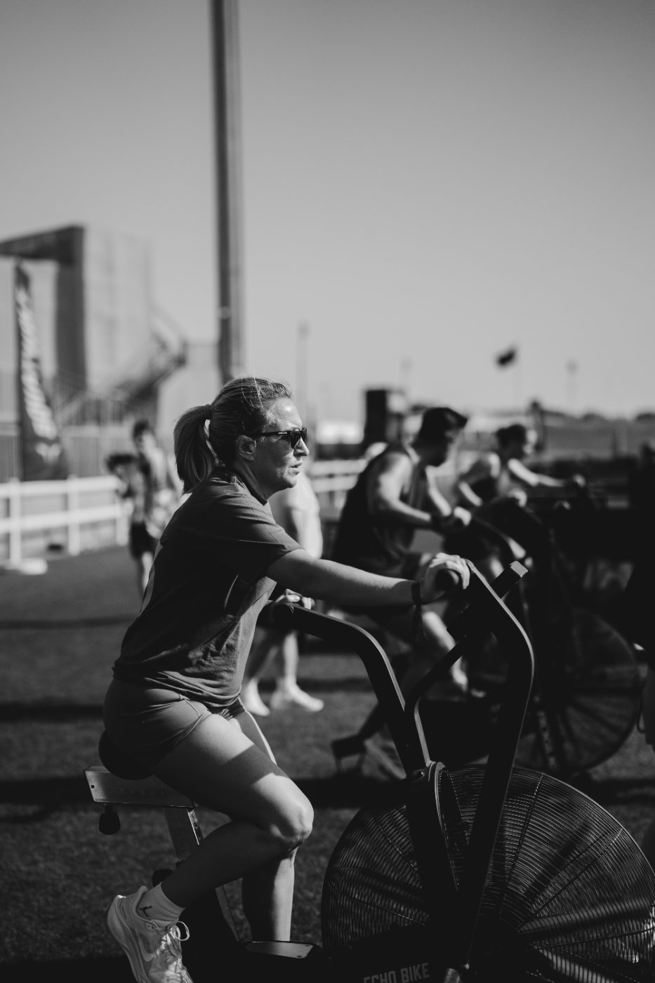 An athlete on the echo bike at a Primal race